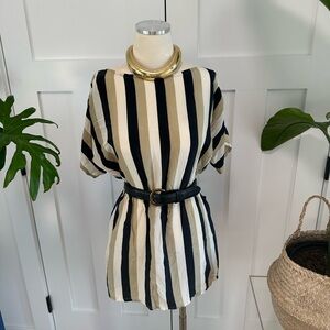 Vintage Black and Cream Striped 100% Silk Mini dress
